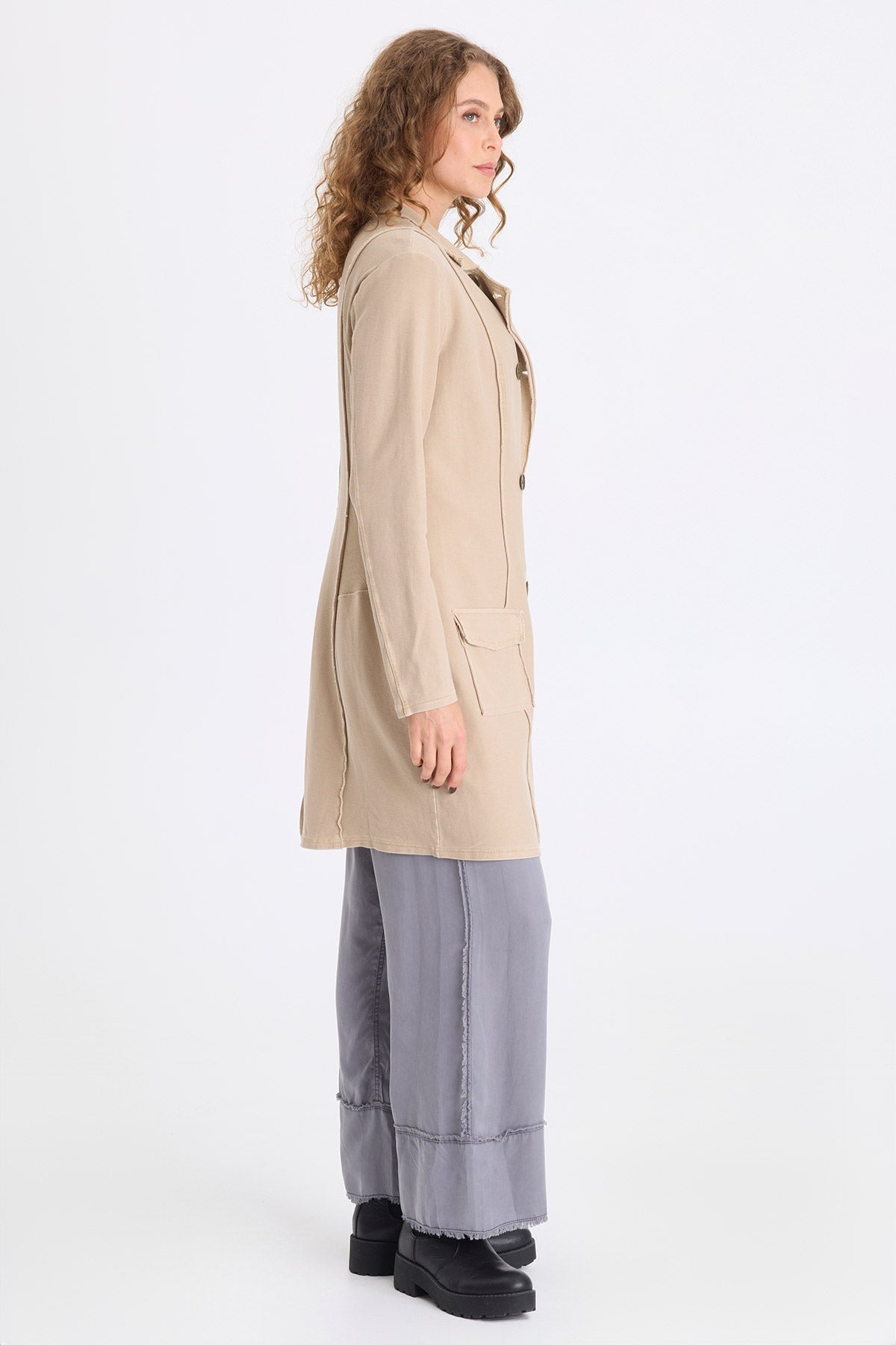 Roda Twill Knit Kick Pleat Long Button-Up Jacket Merino Wool Pigment - XCVI