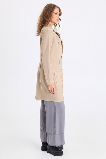 Roda Twill Knit Kick Pleat Long Button-Up Jacket Merino Wool Pigment - XCVI