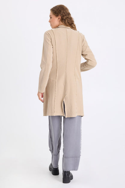 Roda Twill Knit Kick Pleat Long Button-Up Jacket Merino Wool Pigment - XCVI