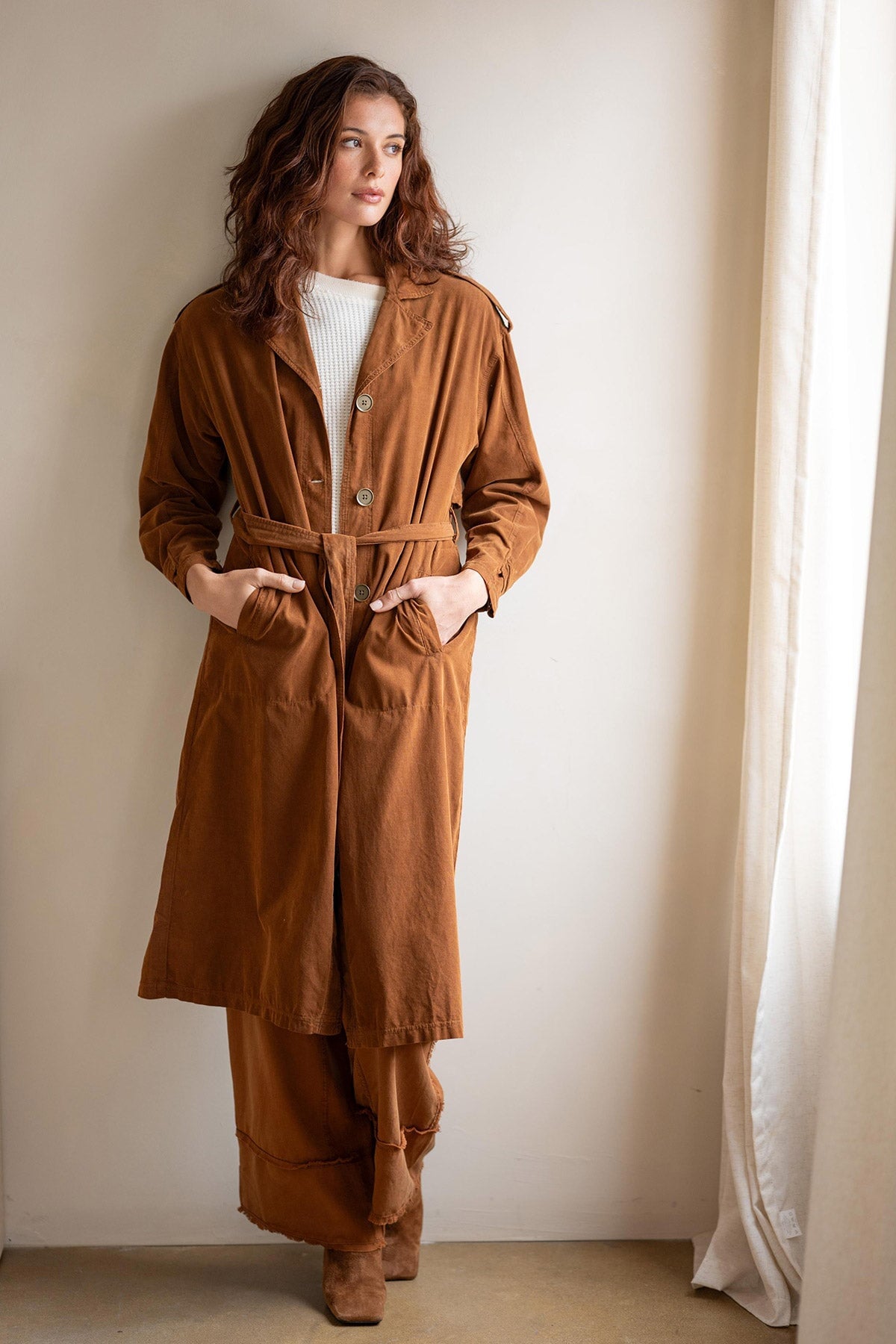 Harun Corduroy Belted Trench Coat Rufous Pigment - XCVI