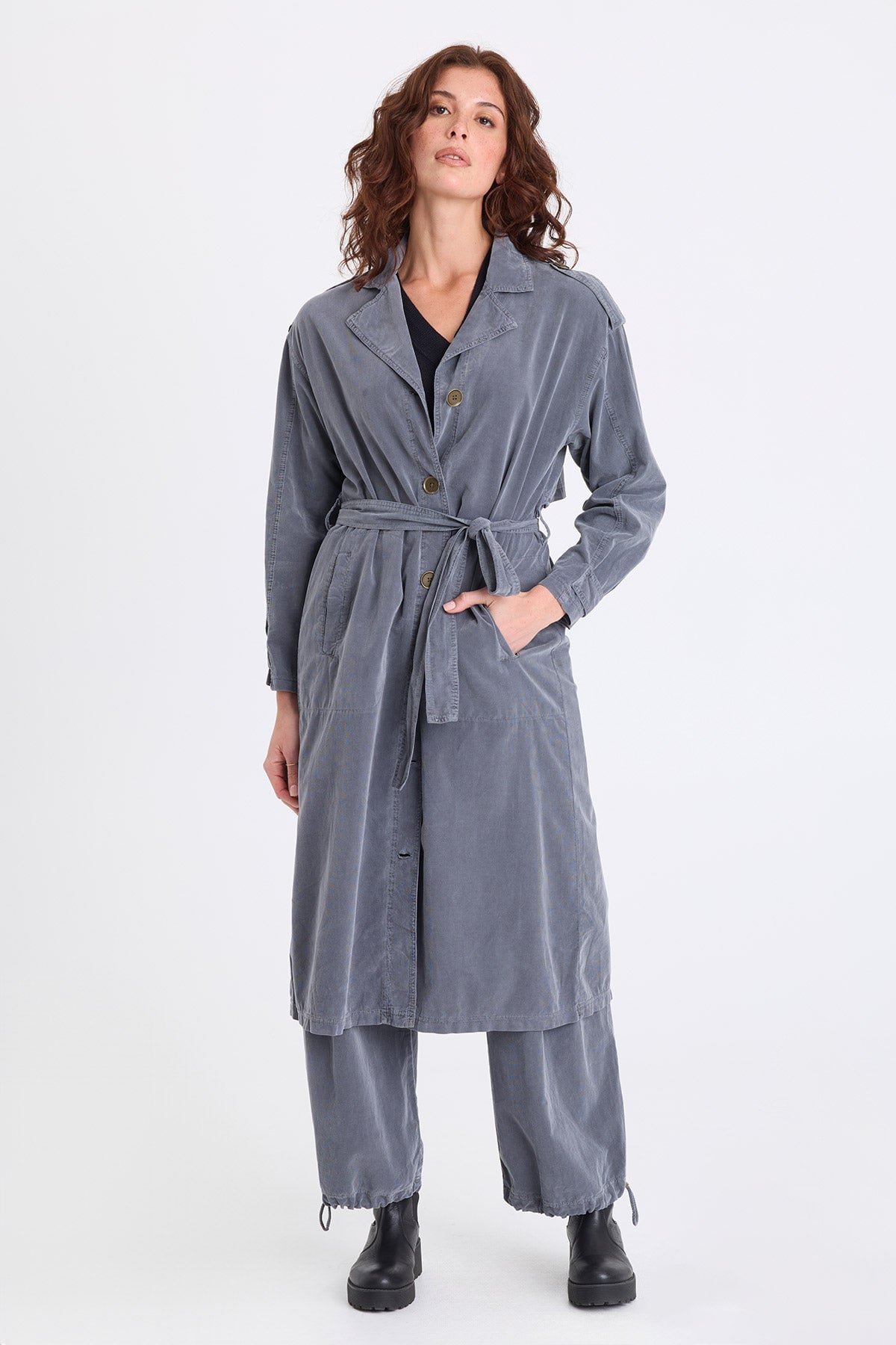 Harun Corduroy Belted Trench Coat Nebulous Pigment - XCVI
