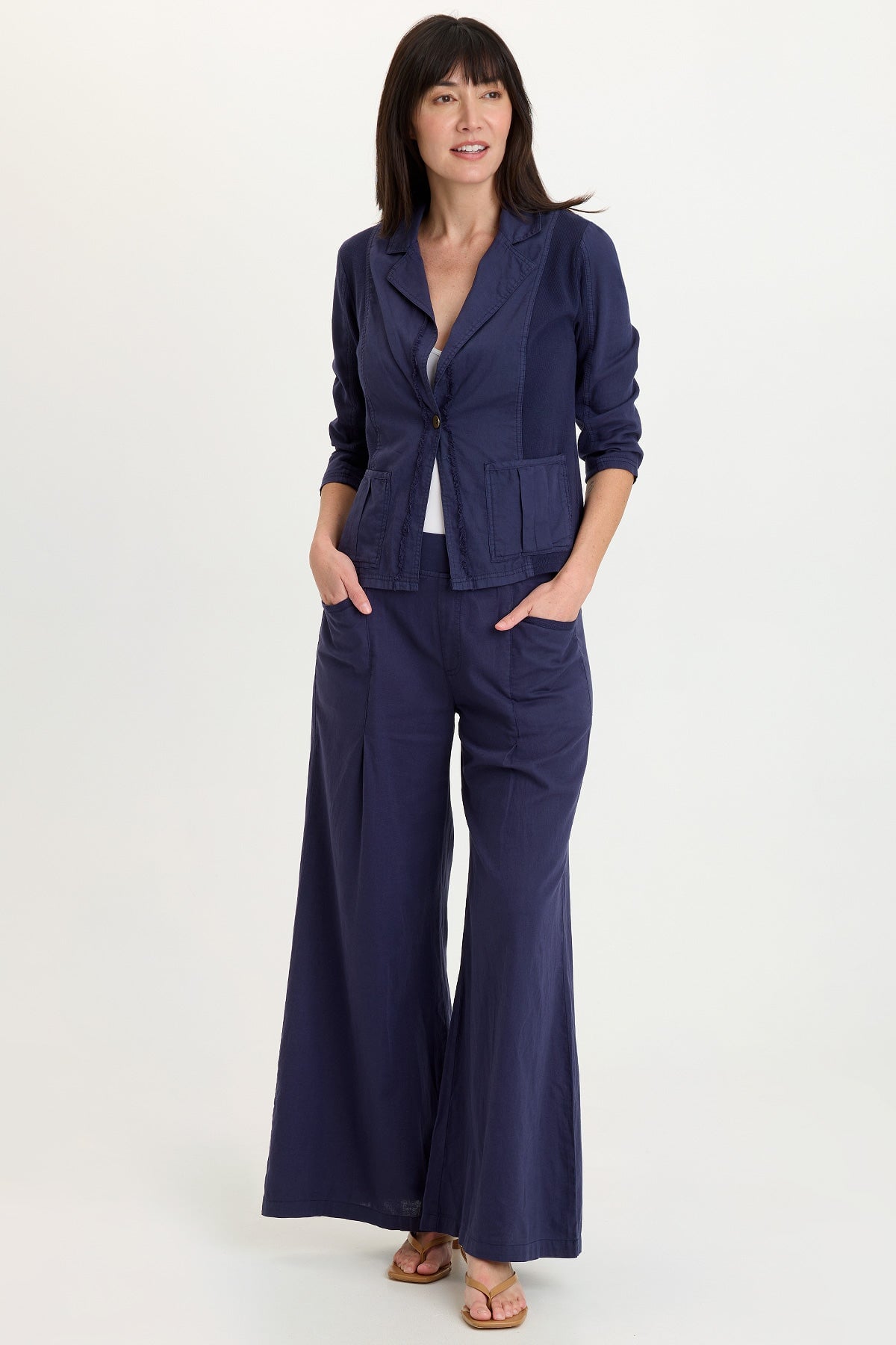 Brayden Cotton Linen One-Button Blazer with Rib Contrast Navy - XCVI