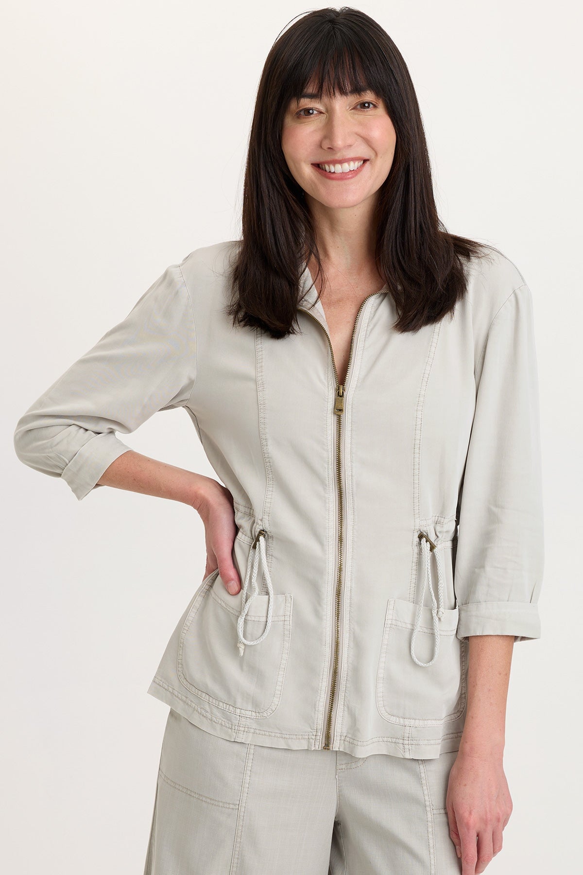 Jameson Twill Cinchable Waist Zip-Up collared 3/4 Sleeve Jacket Whitecap Pigment - XCVI