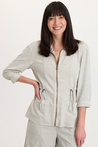 Jameson Twill Cinchable Waist Zip-Up collared 3/4 Sleeve Jacket Whitecap Pigment - XCVI