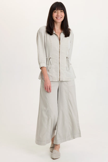Jameson Twill Cinchable Waist Zip-Up collared 3/4 Sleeve Jacket Whitecap Pigment - XCVI