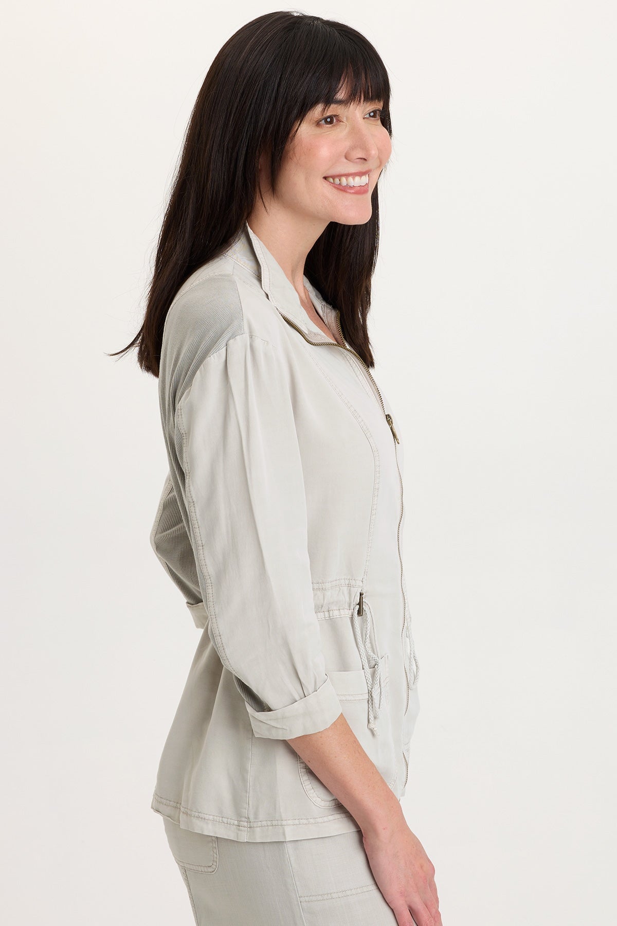 Jameson Twill Cinchable Waist Zip-Up collared 3/4 Sleeve Jacket Whitecap Pigment - XCVI