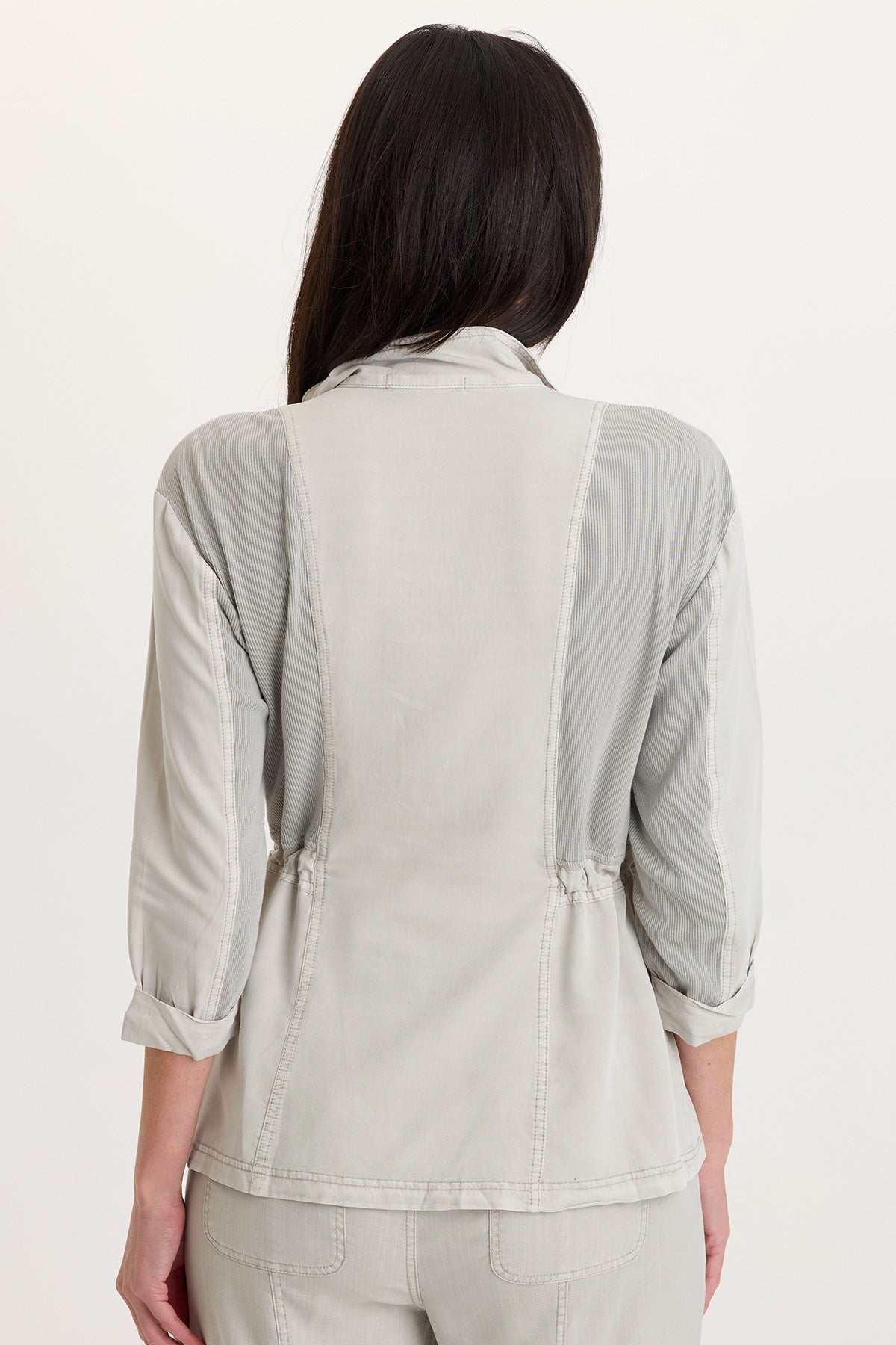Jameson Twill Cinchable Waist Zip-Up collared 3/4 Sleeve Jacket Whitecap Pigment - XCVI