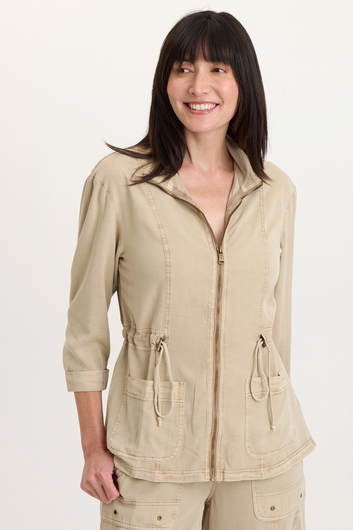 Jameson Twill Cinchable Waist Zip-Up collared 3/4 Sleeve Jacket Roadside Pigment - XCVI