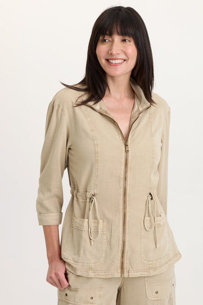 Jameson Twill Cinchable Waist Zip-Up collared 3/4 Sleeve Jacket Roadside Pigment - XCVI