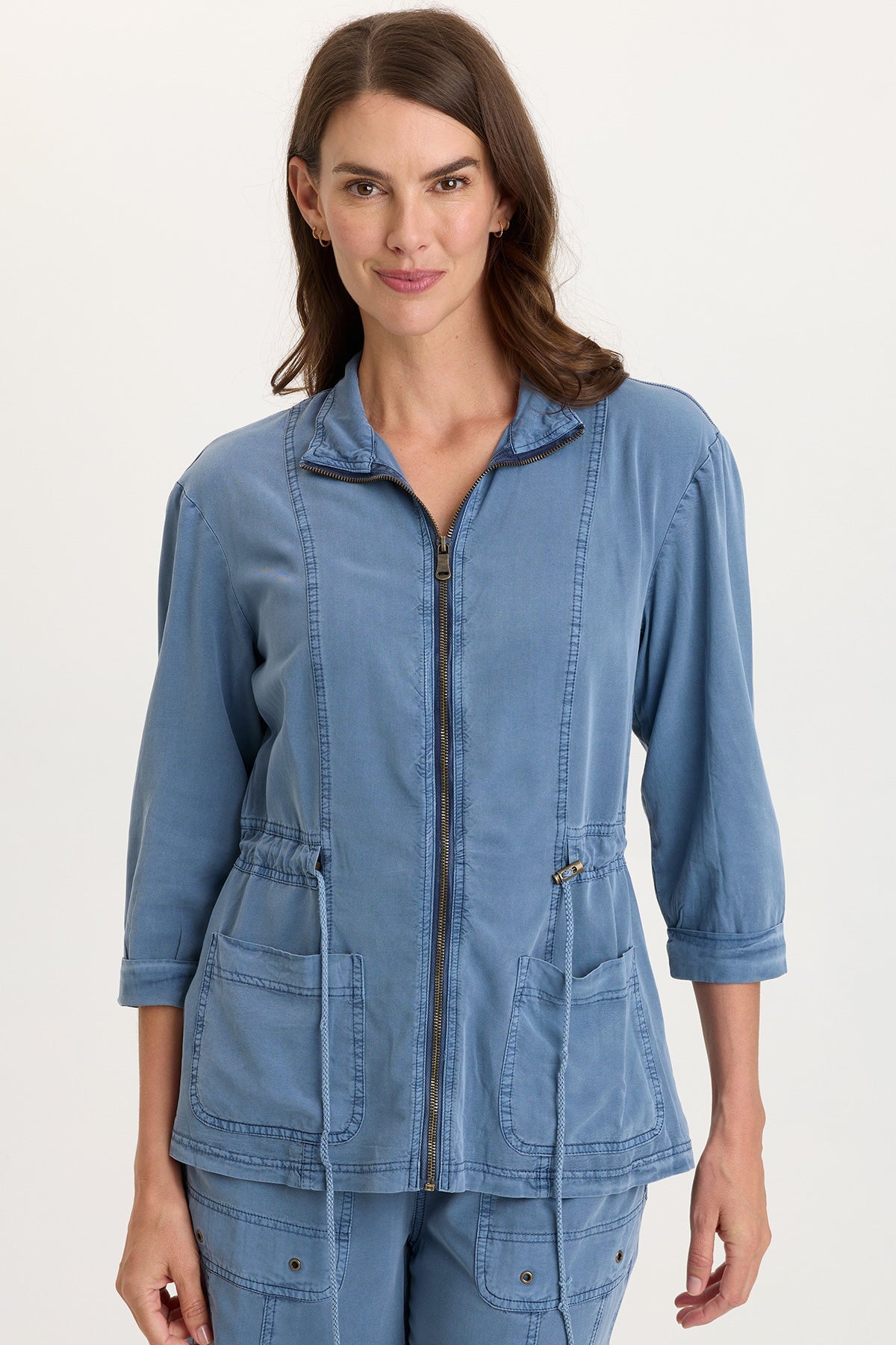 Jameson Twill Cinchable Waist Zip-Up collared 3/4 Sleeve Jacket Hypnotic Pigment - XCVI