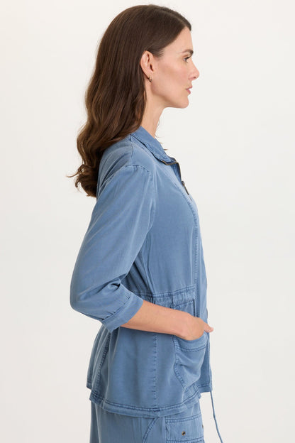 Jameson Twill Cinchable Waist Zip-Up collared 3/4 Sleeve Jacket Hypnotic Pigment - XCVI
