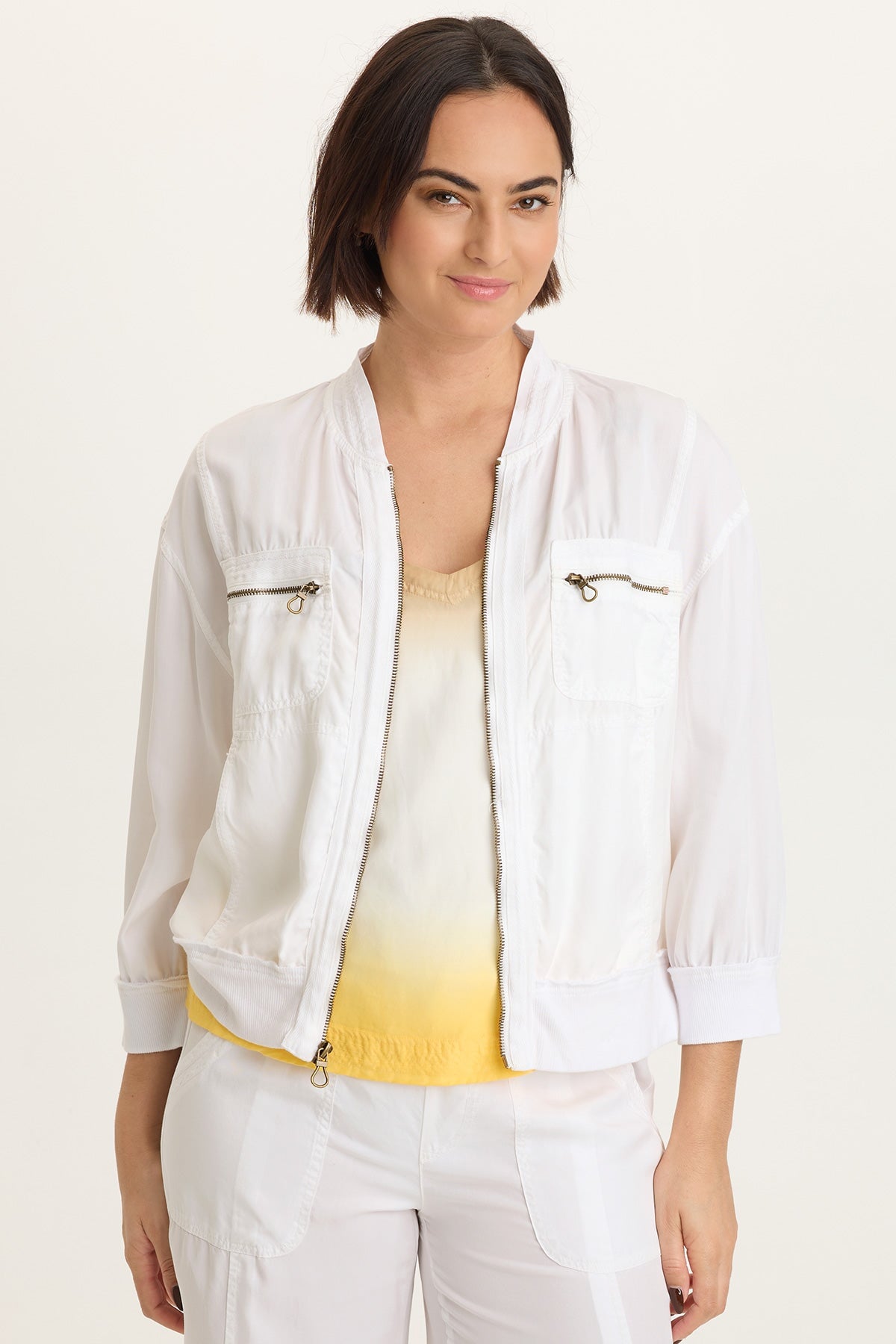 Wynton Tencel Twill 3/4-Sleeve Zip-Up Bomber Jacket White - XCVI