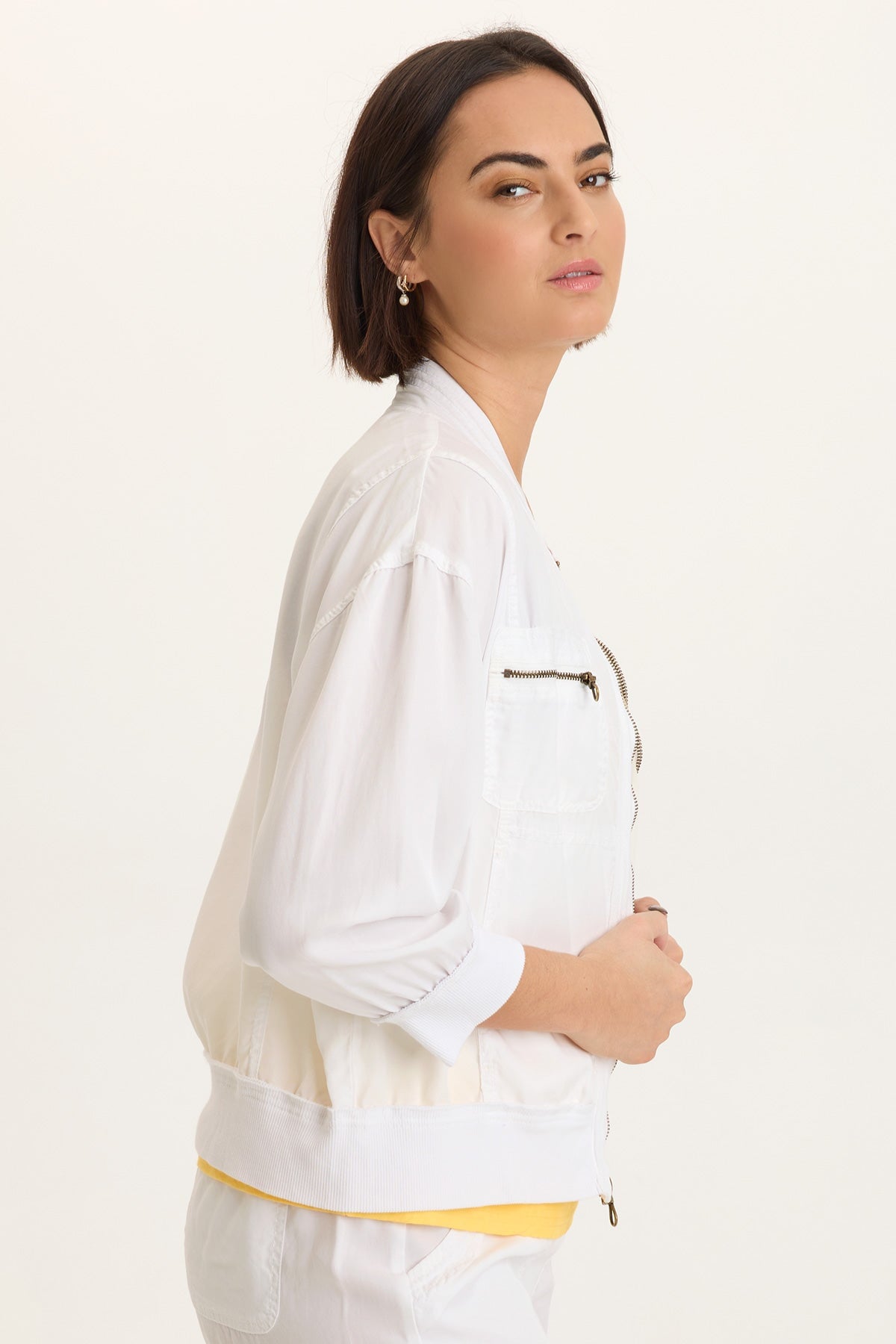 Wynton Tencel Twill 3/4-Sleeve Zip-Up Bomber Jacket White - XCVI
