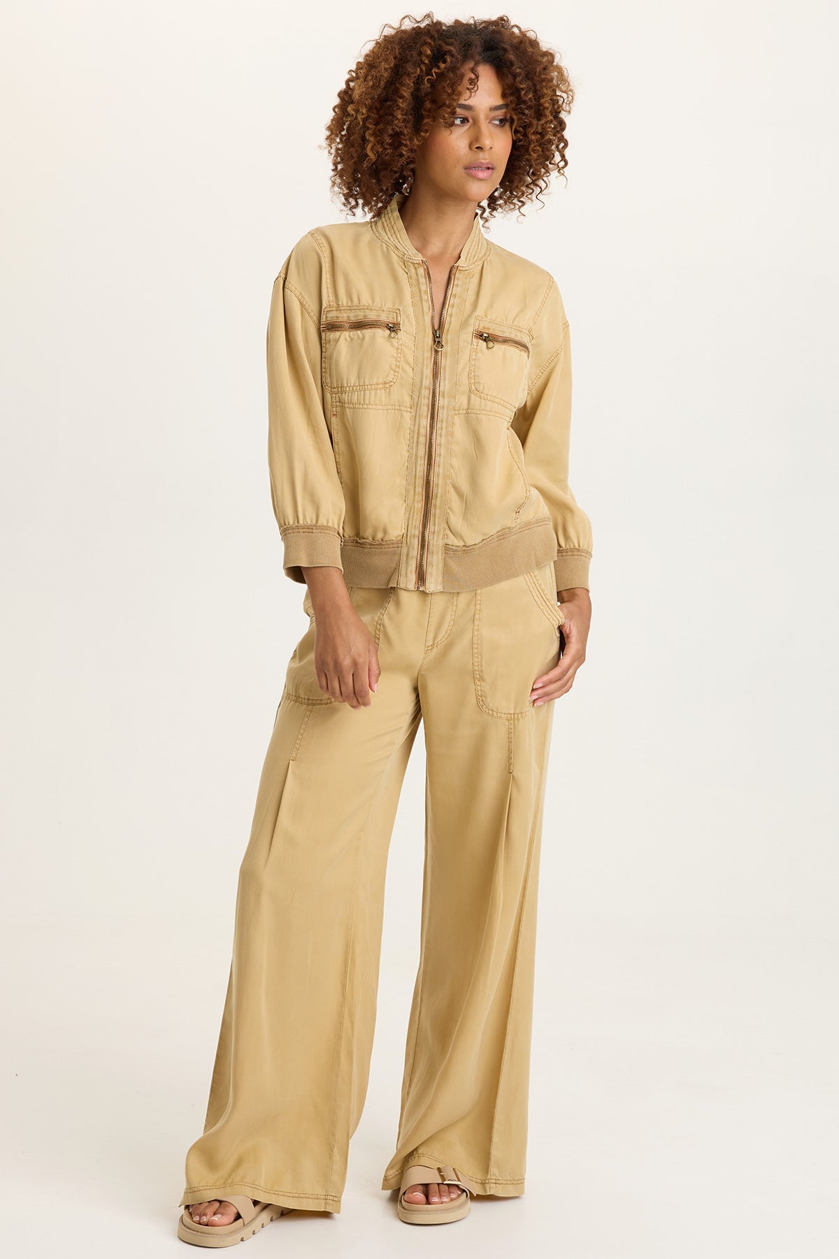Wynton Tencel Twill 3/4-Sleeve Zip-Up Bomber Jacket Sepia Pigment - XCVI