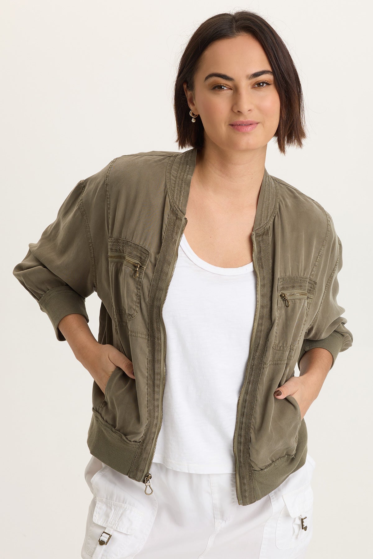 Wynton Tencel Twill 3/4-Sleeve Zip-Up Bomber Jacket English Moss - XCVI