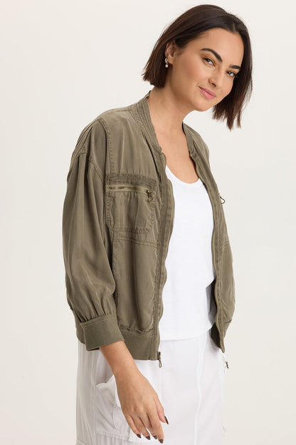 Wynton Tencel Twill 3/4-Sleeve Zip-Up Bomber Jacket English Moss - XCVI