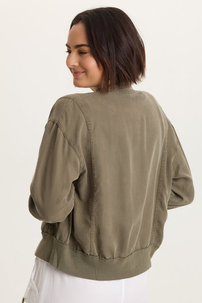 Wynton Tencel Twill 3/4-Sleeve Zip-Up Bomber Jacket English Moss - XCVI