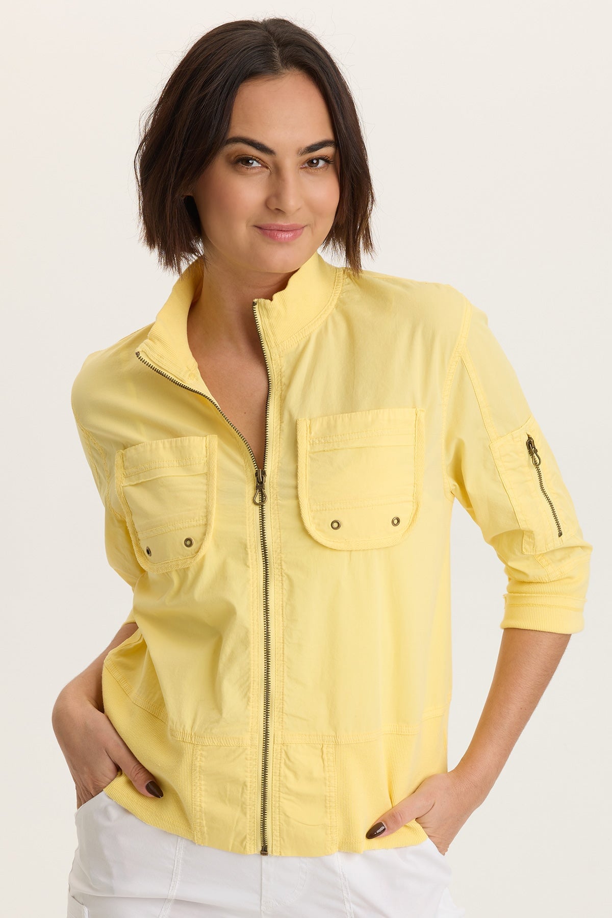 Kevone Poplin Bomber 3/4 Sleeve Zip-Up Jacket Squash Blossom - XCVI