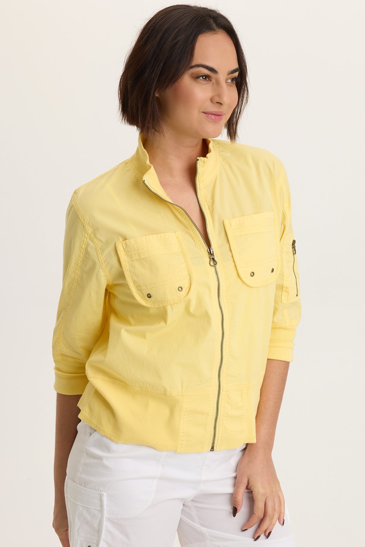 Kevone Poplin Bomber 3/4 Sleeve Zip-Up Jacket Squash Blossom - XCVI