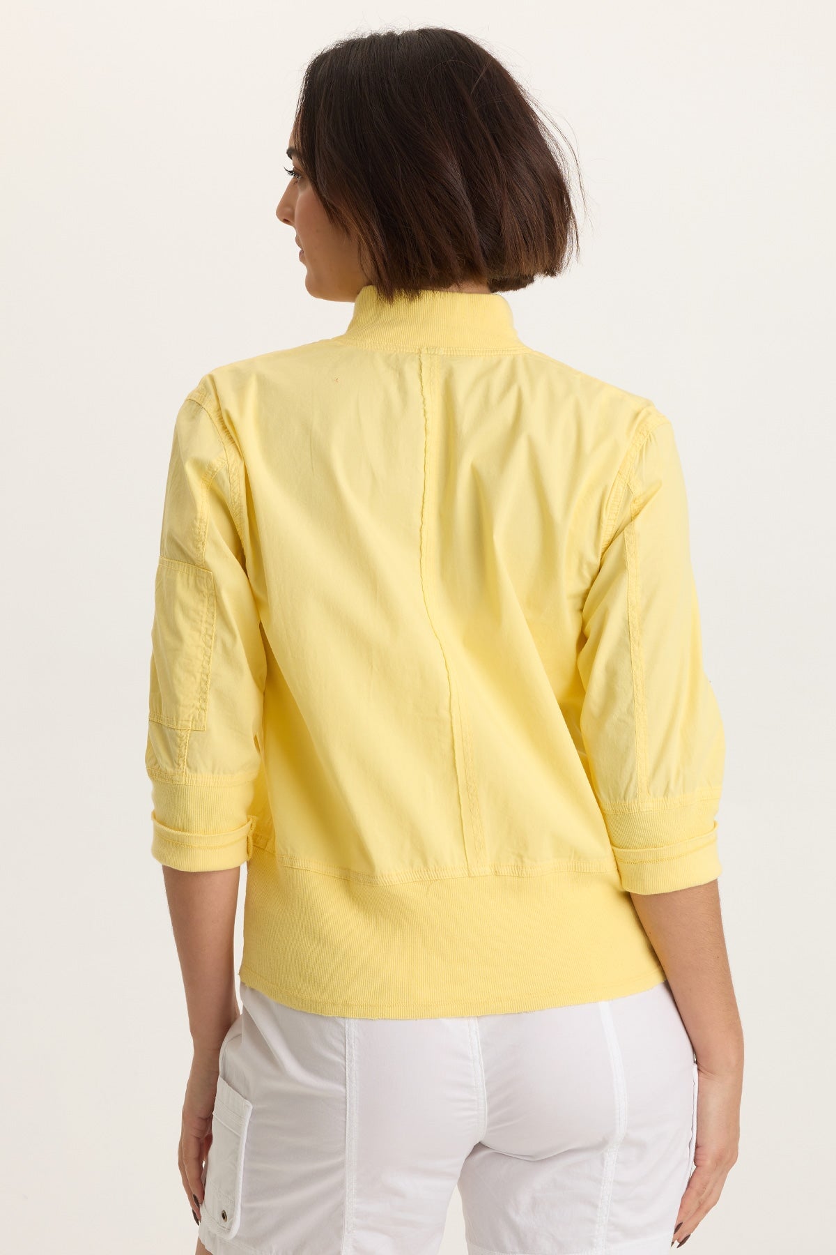 Kevone Poplin Bomber 3/4 Sleeve Zip-Up Jacket Squash Blossom - XCVI
