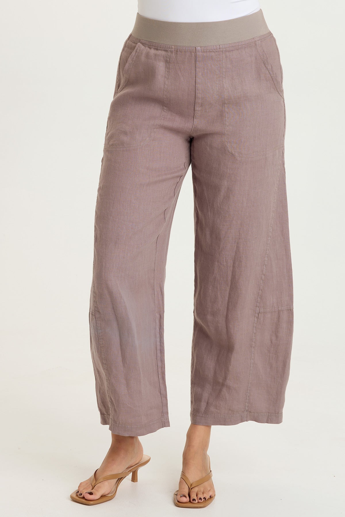 Nao 100% Linen Pull-On Waist Barrel Leg Crop Pant Velvet Mink - XCVI