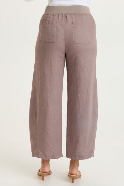 Nao 100% Linen Pull-On Waist Barrel Leg Crop Pant Velvet Mink - XCVI