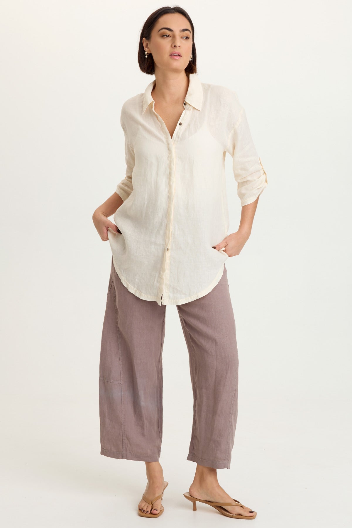 Nao 100% Linen Pull-On Waist Barrel Leg Crop Pant Velvet Mink - XCVI