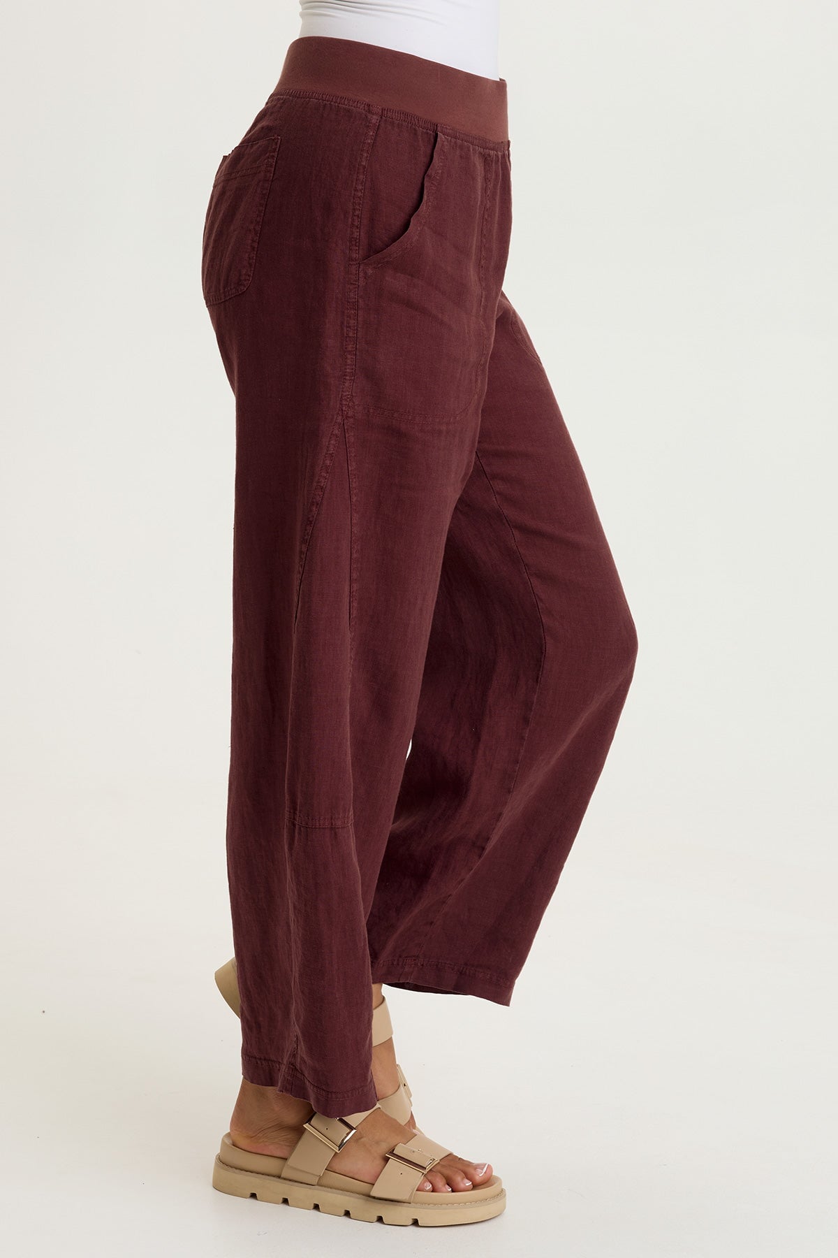 Nao 100% Linen Pull-On Waist Barrel Leg Crop Pant Briar Wood - XCVI