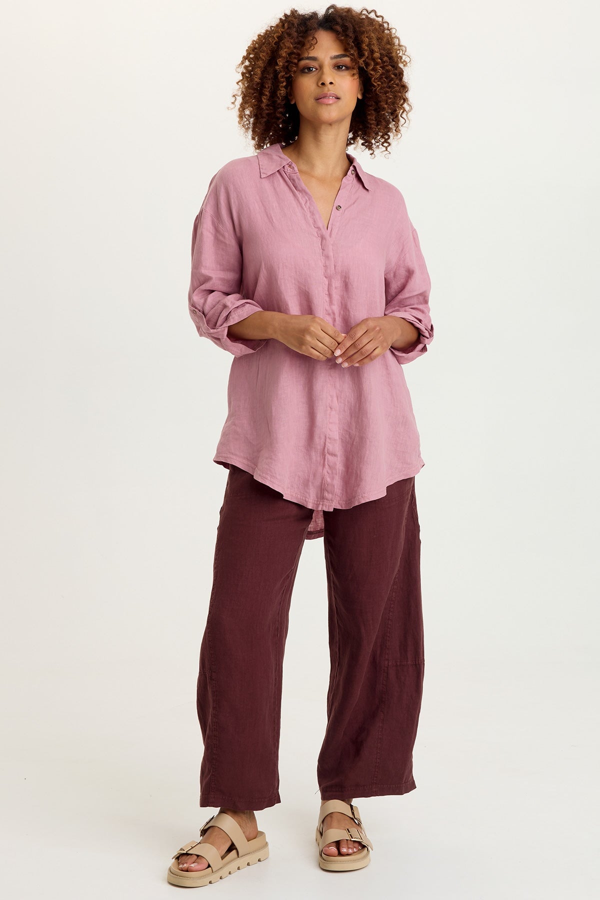 Nao 100% Linen Pull-On Waist Barrel Leg Crop Pant Briar Wood - XCVI