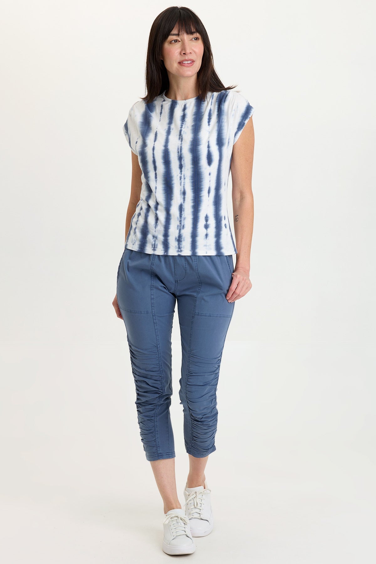 Wearables Geyser Pull-On Poplin/Jersey Ruched Crop with stretch, front pockets, and contrast side inserts in Blue  - XCVI