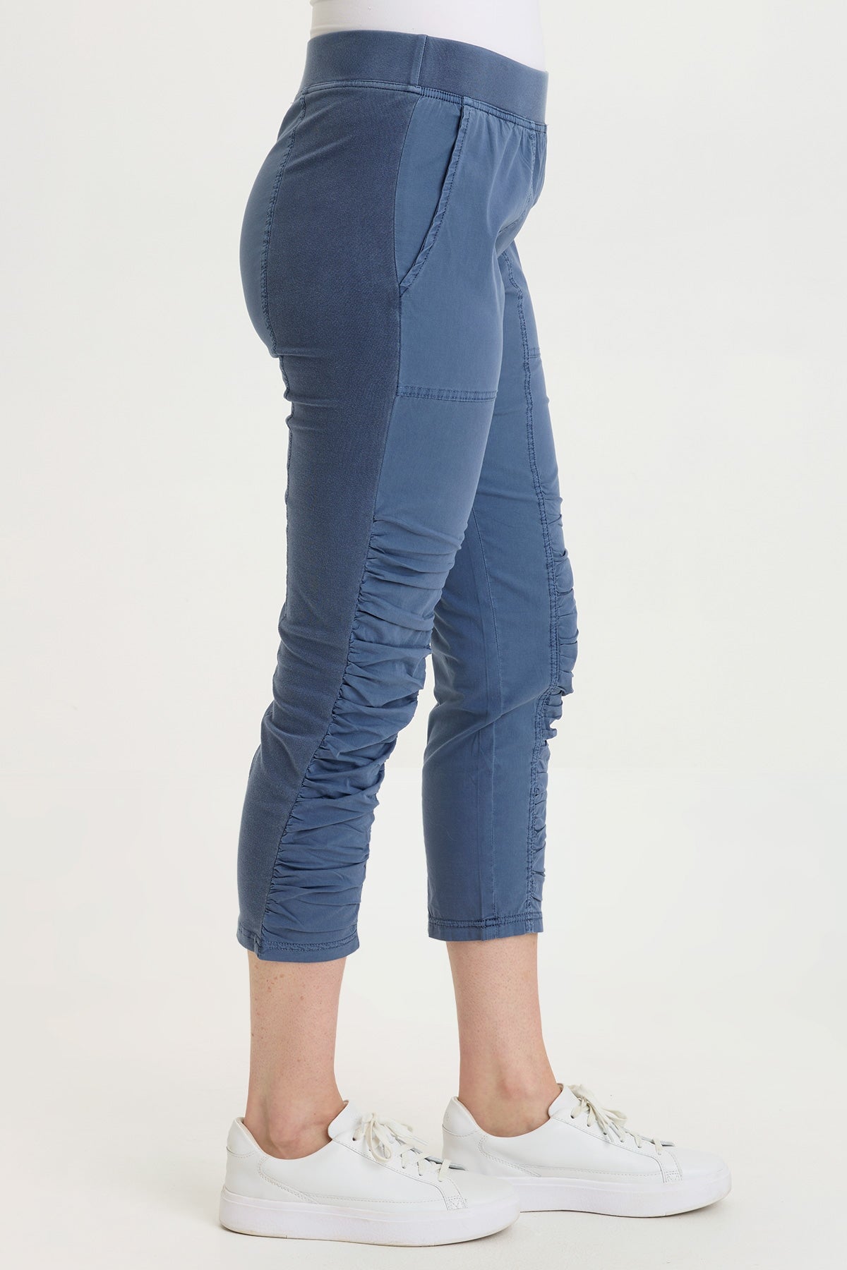 Wearables Geyser Pull-On Poplin/Jersey Ruched Crop with stretch, front pockets, and contrast side inserts in Blue  - XCVI