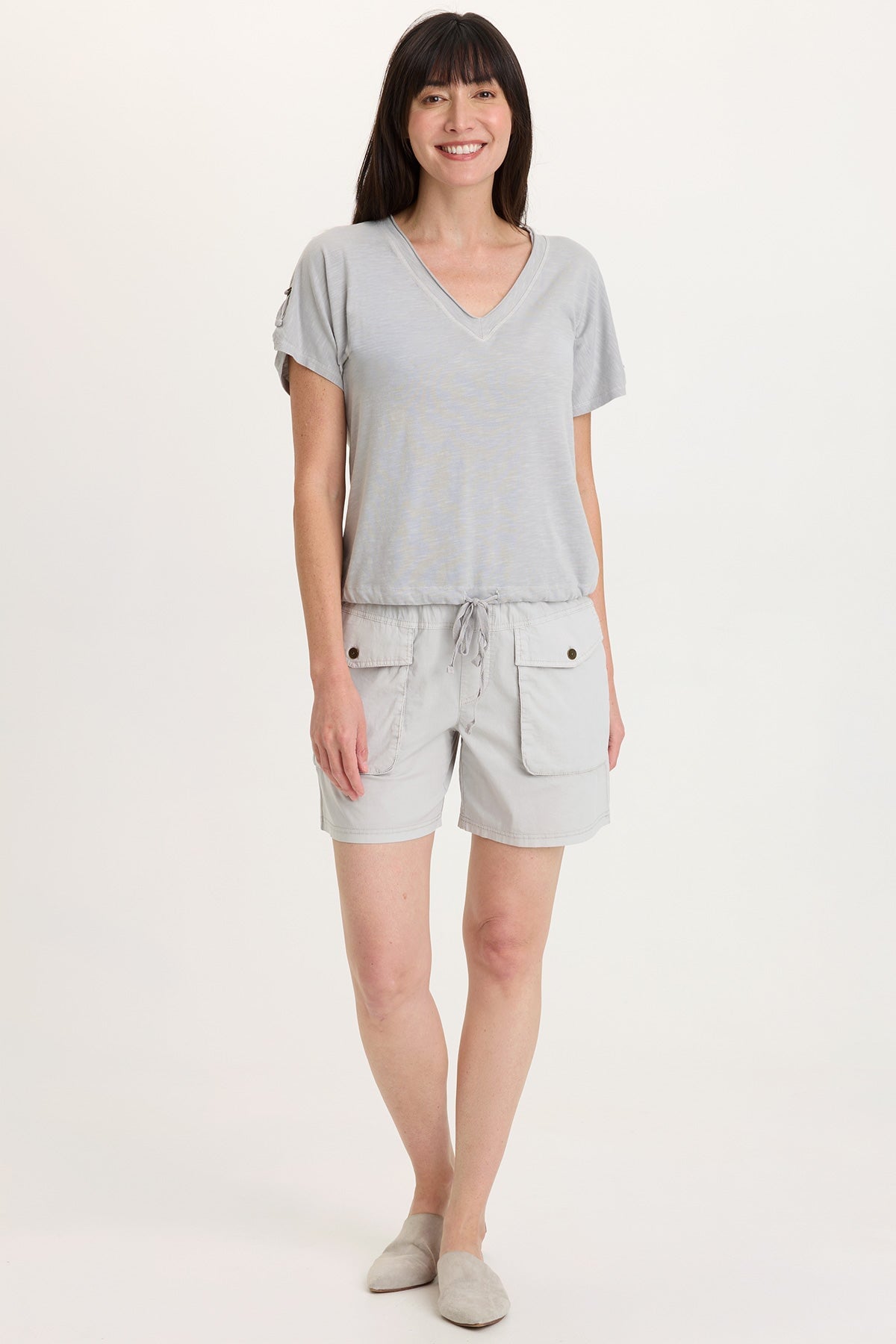 Carlo Stretch Poplin Front Pocket Pull-On Yoked Waist Short Soft Pebble Pigment - XCVI