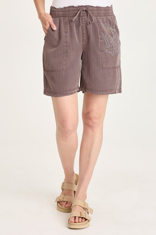 Lynn Embroidered Pinstripe Twill Paperbag Waist Drawstring Short Virtuoso Pigment - XCVI