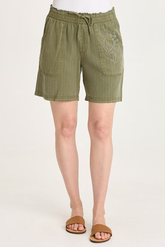 Lynn Embroidered Pinstripe Twill Paperbag Waist Drawstring Short Espalier Pigment - XCVI