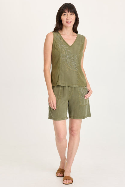Lynn Embroidered Pinstripe Twill Paperbag Waist Drawstring Short Espalier Pigment - XCVI