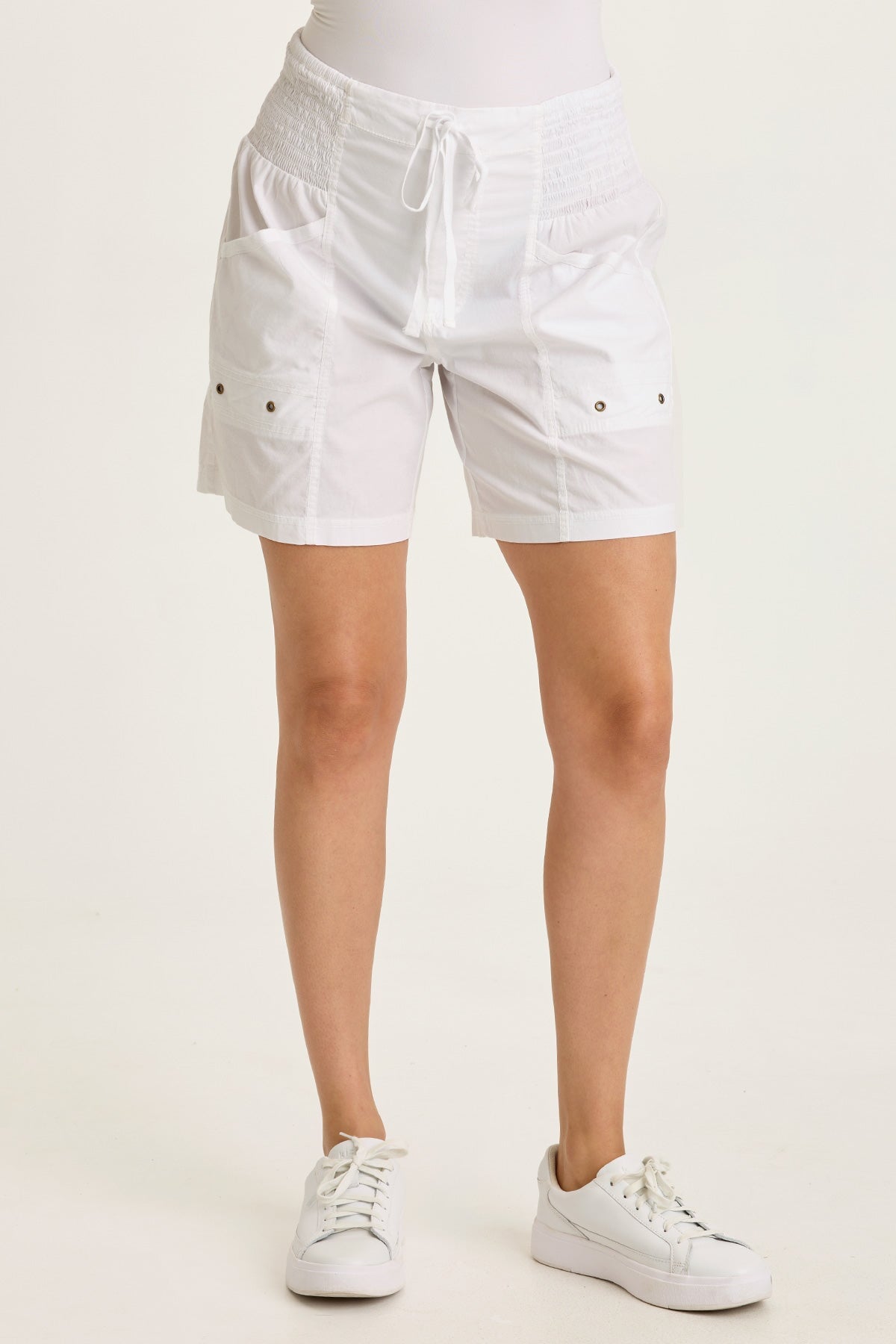 Wearables Greta Stretch Poplin Side Smocked-Waist Short White - XCVI