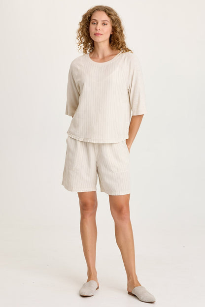 Lynn Pinstripe Twill Paperbag Waist Drawstring Short Sonic Silver - XCVI