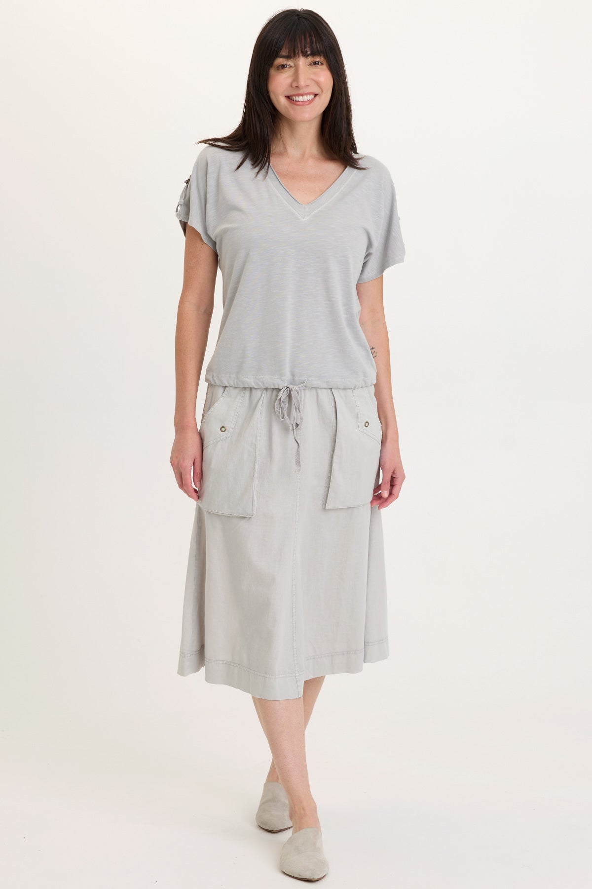 Parvati Cotton Linen Mermaid Flare Midi Skirt Soft Pebble Pigment - XCVI