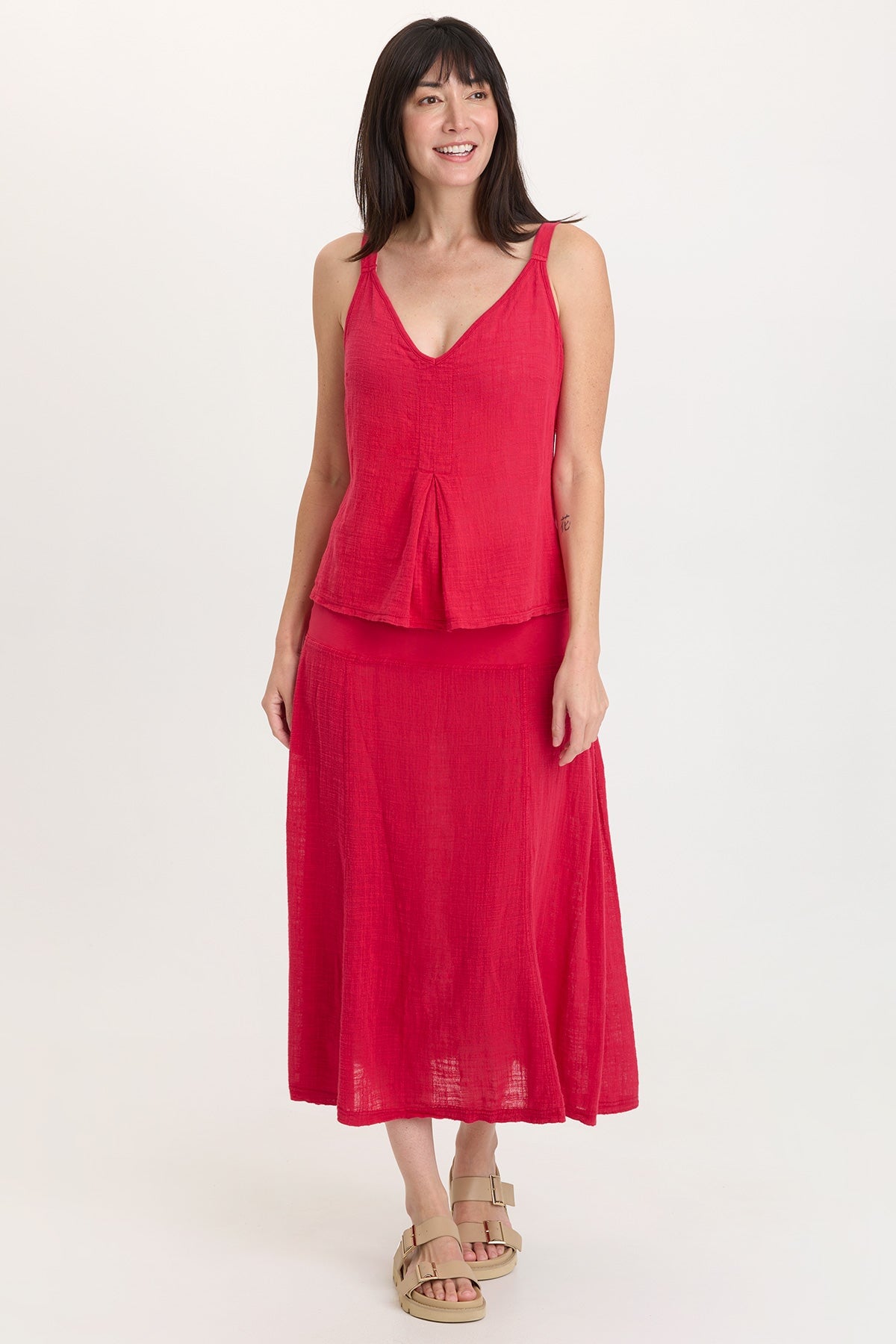 Tani 100% Cotton Gauze Dropped Jersey Waistband Side Pleated Skirt San Marzano Pigment - XCVI