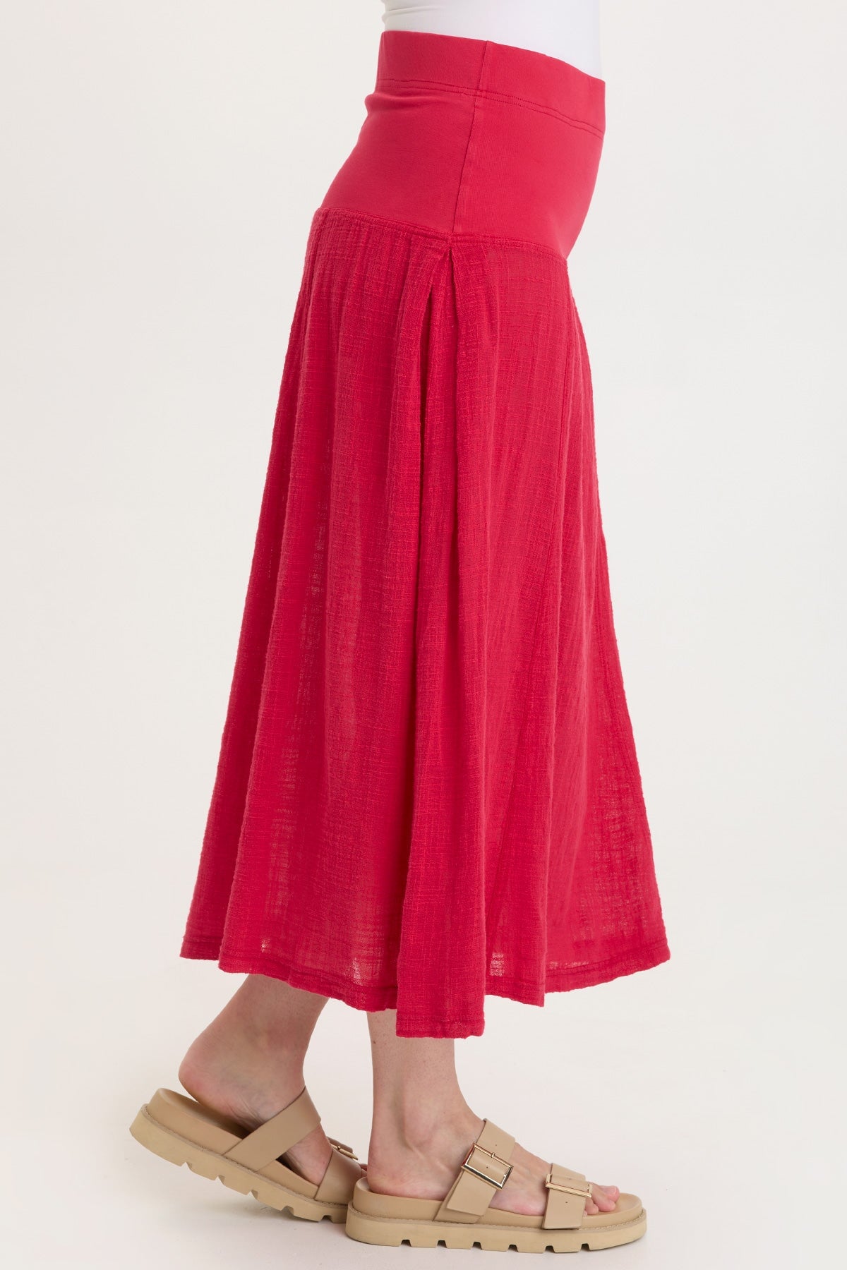 Tani 100% Cotton Gauze Dropped Jersey Waistband Side Pleated Skirt San Marzano Pigment - XCVI