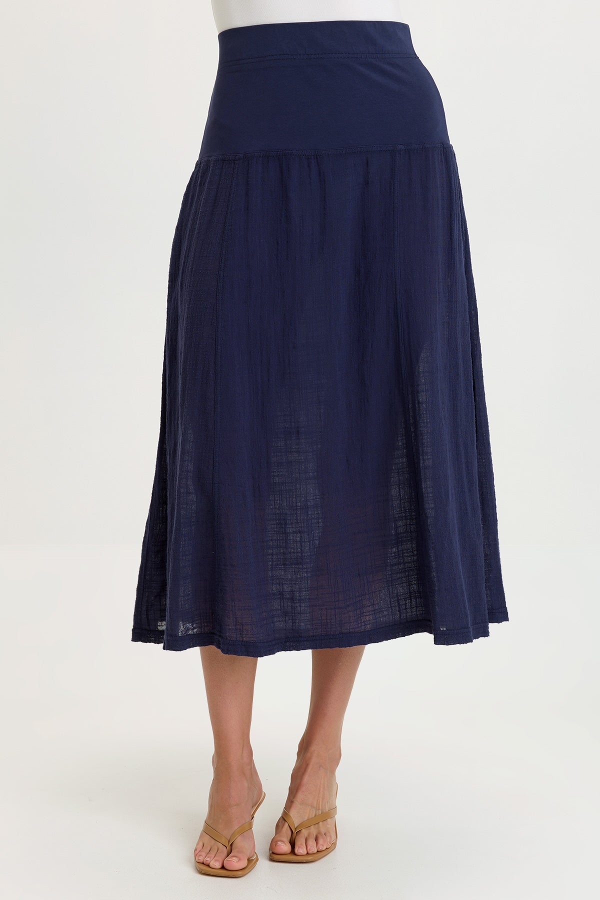Tani 100% Cotton Gauze Dropped Jersey Waistband Side Pleated Skirt Navy - XCVI