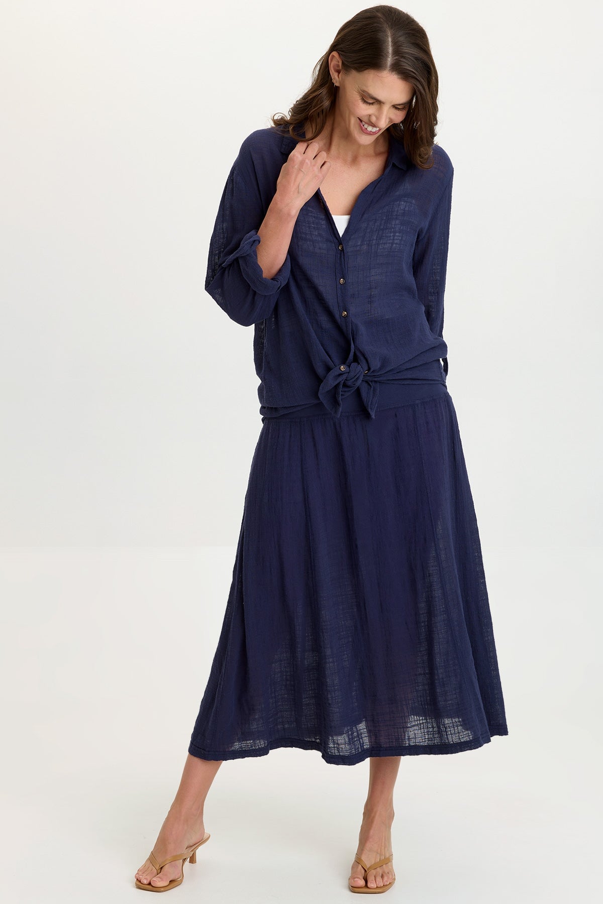 Tani 100% Cotton Gauze Dropped Jersey Waistband Side Pleated Skirt Navy - XCVI