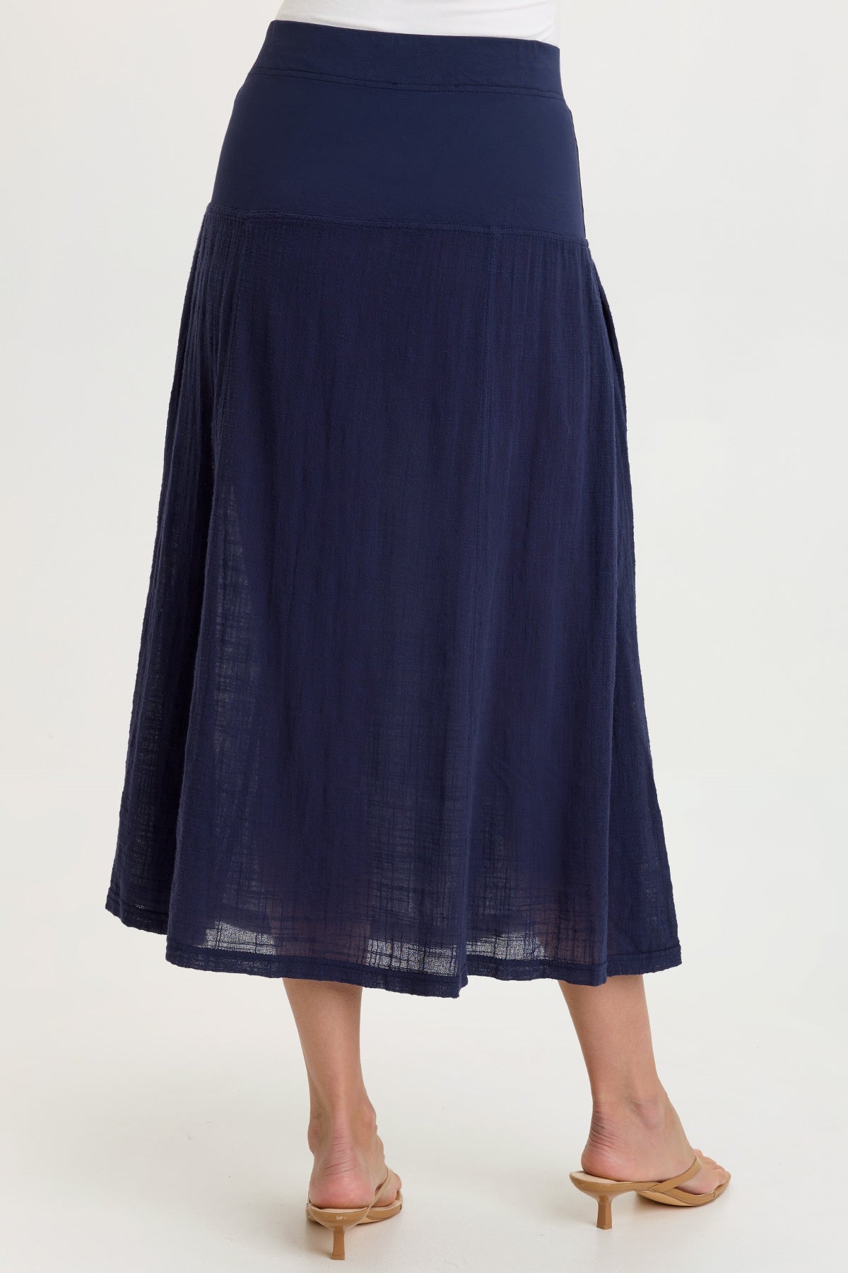Tani 100% Cotton Gauze Dropped Jersey Waistband Side Pleated Skirt Navy - XCVI