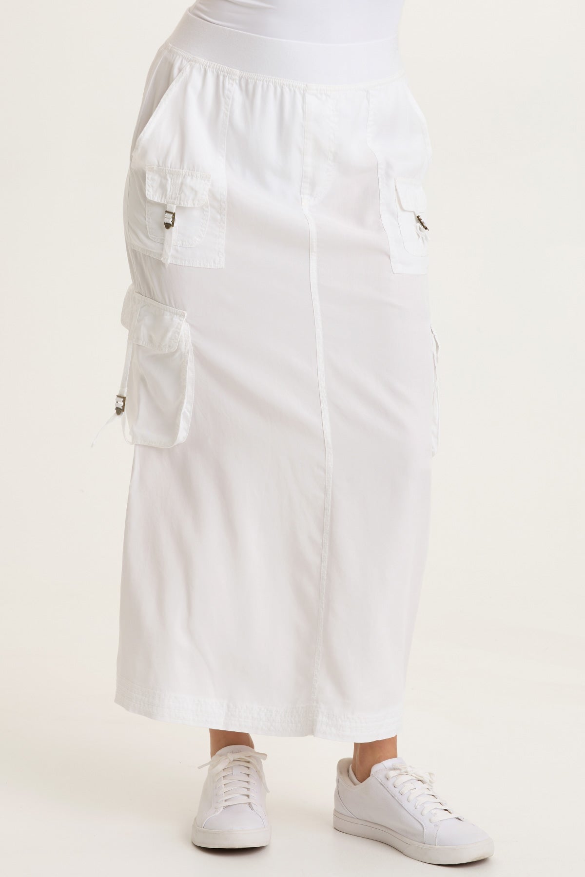 Kimbo Tencel Twill Adjustable Cargo Pull-On Waist Maxi Skirt White - XCVI