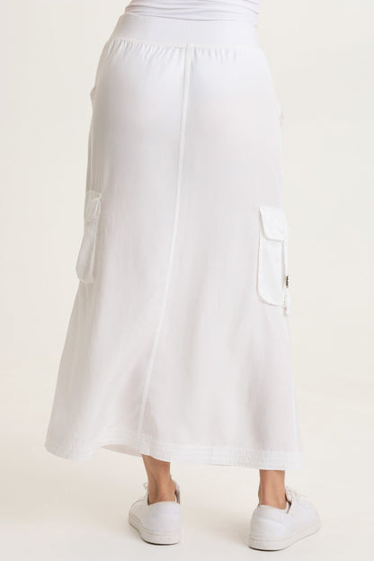 Kimbo Tencel Twill Adjustable Cargo Pull-On Waist Maxi Skirt White - XCVI
