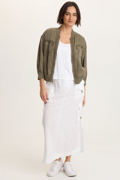 Kimbo Tencel Twill Adjustable Cargo Pull-On Waist Maxi Skirt White - XCVI