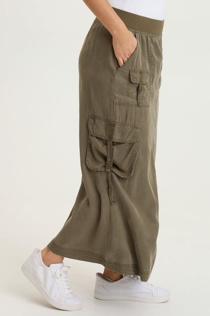 Kimbo Tencel Twill Adjustable Cargo Pull-On Waist Maxi Skirt English Moss - XCVI