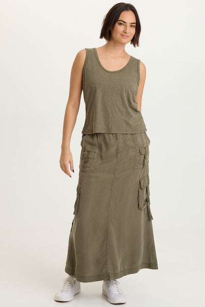 Kimbo Tencel Twill Adjustable Cargo Pull-On Waist Maxi Skirt English Moss - XCVI