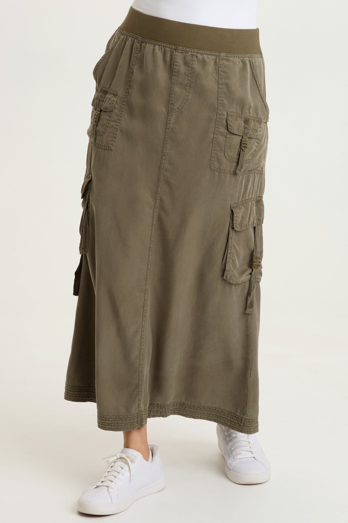 Kimbo Tencel Twill Adjustable Cargo Pull-On Waist Maxi Skirt English Moss - XCVI