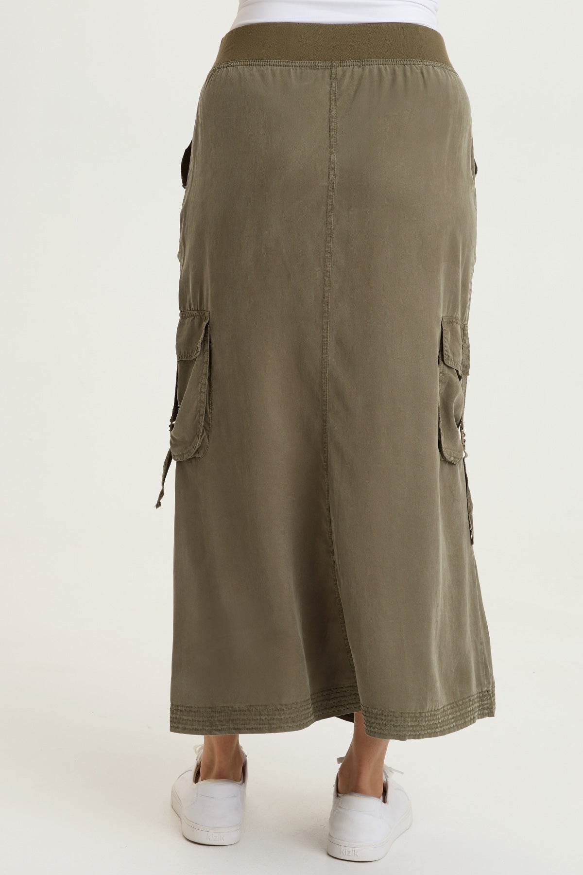 Kimbo Tencel Twill Adjustable Cargo Pull-On Waist Maxi Skirt English Moss - XCVI